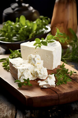 Close-up of Fresh Crumbled Feta Cheese on A Rustic Wooden Board – Authentic Mediterranean Cuisine