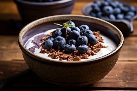 A delicious combination of yogurt, chocolate muesli, and blueberries. Generative AI