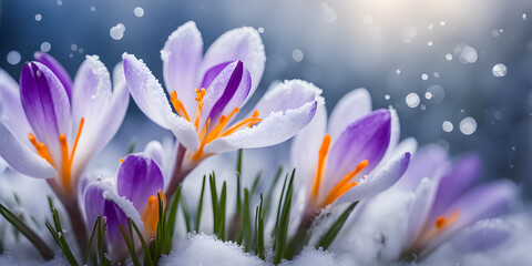 Crocuses in snow, first spring wildflowers, bokeh effect, selective focus