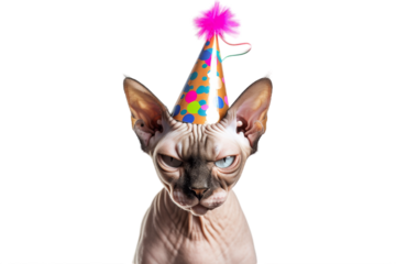 Extremely unimpressed hairless Sphynx cat wearing party hat, isolated on transparent background.