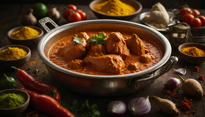 Photos that tell the story of the ingredients used in butter chicken, from vibrant spices like turmeric and garam masala to creamy butter, ripe tomatoes, and succulent chicken on a traditional plate 