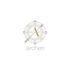 Archeri template line art logos. 
compass bow arrow pointing to target.