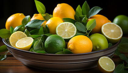 Fresh citrus fruits on wooden table, healthy and vibrant generated by AI