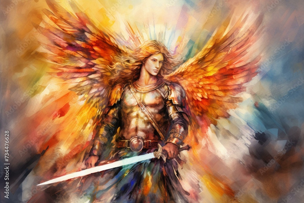 Wall mural a digital watercolor artwork of archangel michael with praying souls in heaven, featuring a spiritua