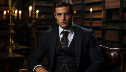 Fototapeta premium Confident businessman in suit, looking at camera with elegance generated by AI