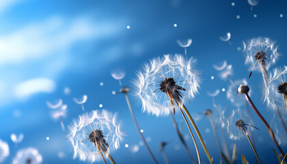 Fluffy dandelion seed flying in blue summer sky at sunset generated by AI