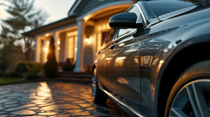 A high-end vehicle parked on a residential driveway, highlighting affluence and suburban lifestyle during twilight.