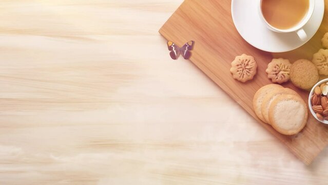 coffee and snack on wooden slate. wood office desk table with laptop computer. seamless looping overlay 4k virtual video animation background 
