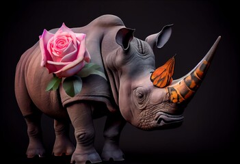 a rhino with a butterfly on its back and a pink rose on its back with a butterfly on its back and a pink rose on its back with a black background with a pink butterfly. Generative AI