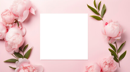 blank paper sheet on a pink background in a minimalist modern style composition with pink peonies flowers. mockup template, Flat lay. Valentine's Day and Mother's Day