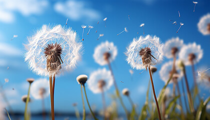 Fluffy dandelion seed flying in blue summer sky generated by AI - obrazy, fototapety, plakaty