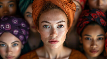 Group of diverse ethnic modern women standing next to each other, looking at camera dressed in warm colors, on plain background. Perfect for illustrating unity, teamwork, diversity, and empowerment.