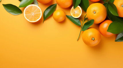 frame border, Flat lay composition with fresh ripe tangerines and oranges with central copy space on orange background.