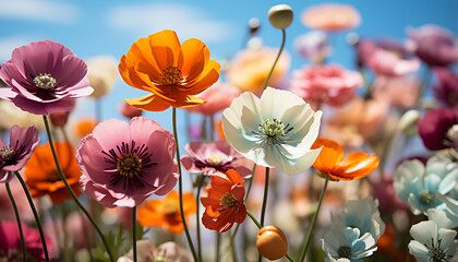 Obraz premium Vibrant flowers bloom, showcasing nature beauty in a meadow generated by AI