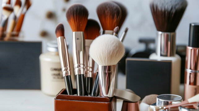 Professional vegan makeup brushes standing in a holder on a makeup vanity in a bright and clear environment. Copy space