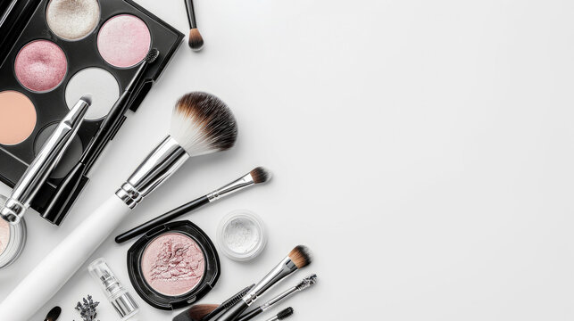 Collection of professional makeup and brushes on white background and copy space. Flat lay template