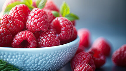 A bowl of ripe raspberries sits in the foreground with a soft-focus background, highlighting their natural texture and rich red color.
