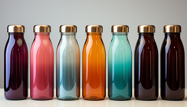 A collection of fresh, healthy fruit drinks in glass bottles generated by AI