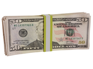 3d rendering illustration of huge 50 dollar bills stack