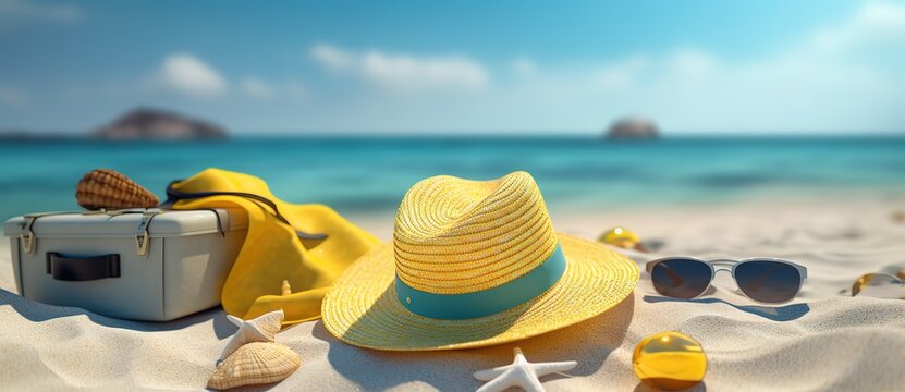 Beach accessories on the sand for summer vacation concept