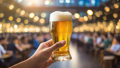 Image illustration of holding a draft beer mug in a beer hall. - obrazy, fototapety, plakaty