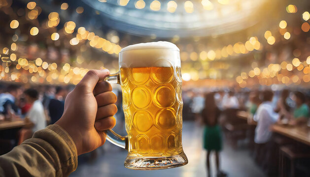 Image illustration of holding a draft beer mug in a beer hall.
