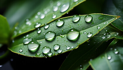 Freshness of nature  wet leaf, dew drop, vibrant green grass generated by AI