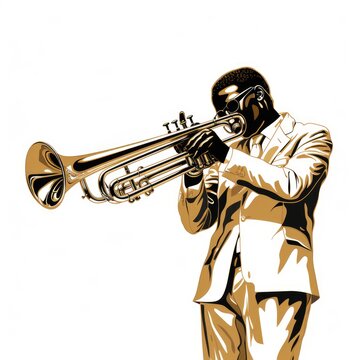 trumpet player in suit, gold and white clip art preview