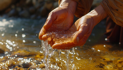 jesus pouring water on his hands from a river