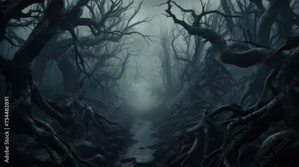 Poster dark forest with trees and dark trees. generative ai.