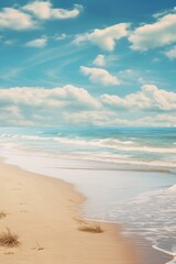 Fototapeta na wymiar A beach with sand and water under a blue sky. Generative AI.