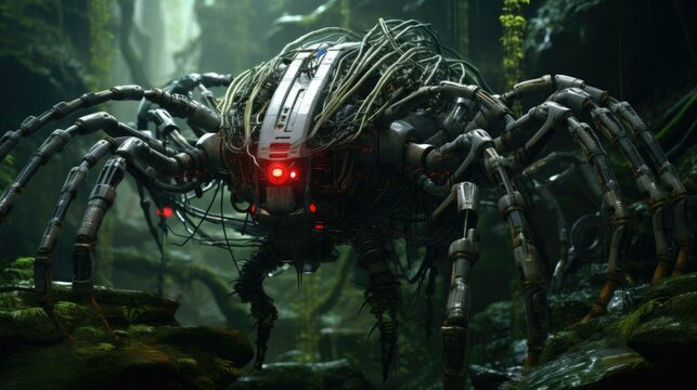 A spider with red eyes standing in the jungle. Generative AI.