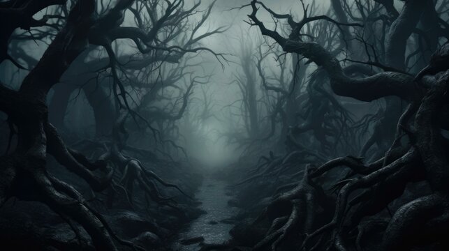 Dark forest with trees and dark trees. Generative AI.
