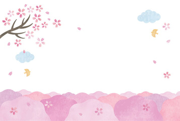 かわいいピンクの桜の木の山の風景水彩画