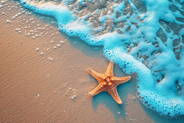 Fototapeta na wymiar Starfish on the beach sand, abstract compositions that represent the energy and joy of summer 