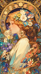 Fototapeta premium Hand-drawn beautiful retro cartoon illustration of beautiful woman among flowers in spring 