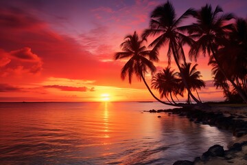 Fototapeta na wymiar sunset beach view with coconut trees on the coast