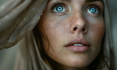 close up portrait of a woman with blue eyes in a veil looking up