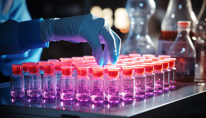 Scientist analyzing liquid in laboratory, conducting medical research and experiments generated by AI