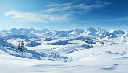 Obraz premium Tranquil winter landscape snowy mountains, blue sky, peaceful forest generated by AI