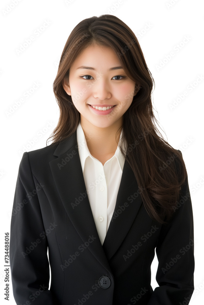 Wall mural Young Asian businesswoman in suit smiling at camera isolated.