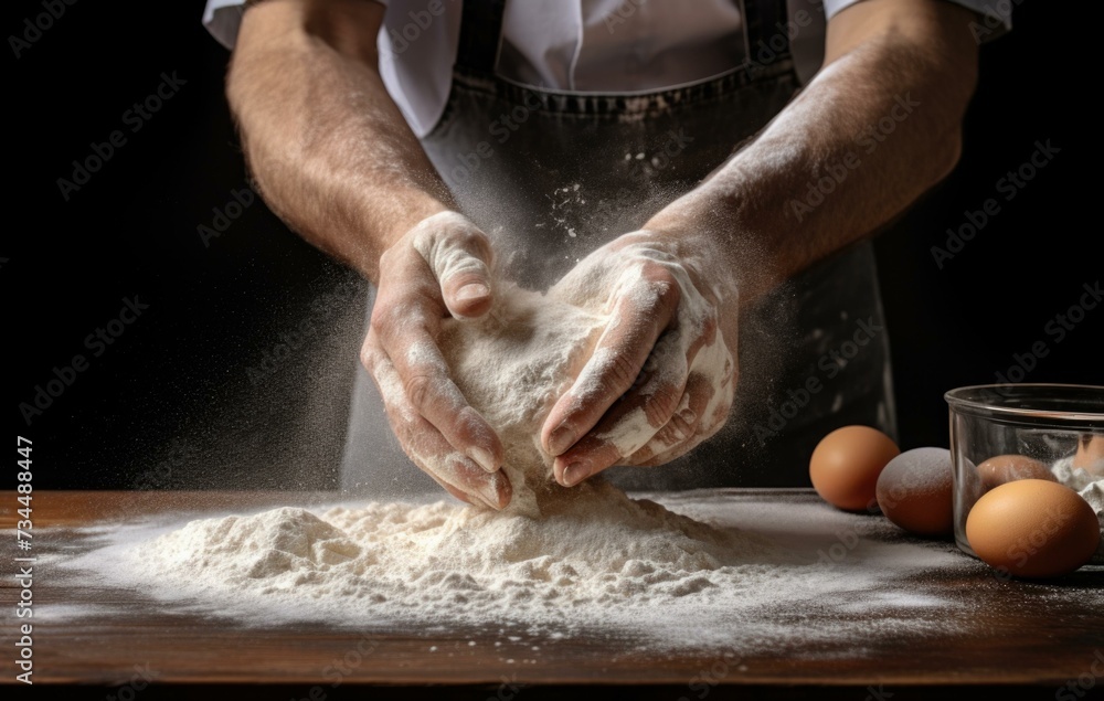 Poster a man in an apron is sprinkling flour on a table. generative ai.