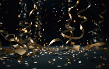 Golden streamers and confetti on a black background. Generative AI.