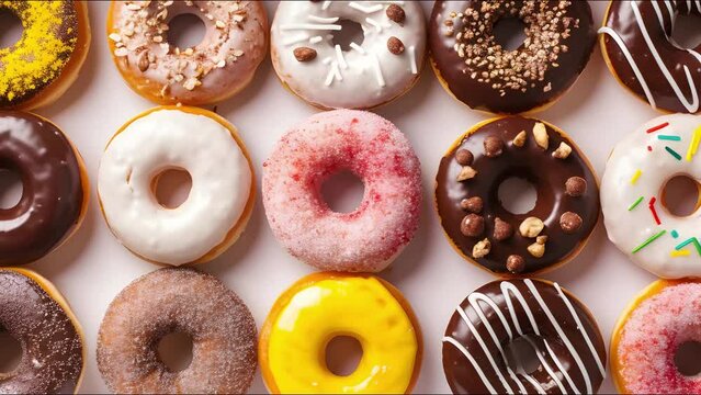 Delectable Glazed Donuts.High-Definition Video of a Scrumptious Assortment.Top View flat lay of one dozen glazed donuts