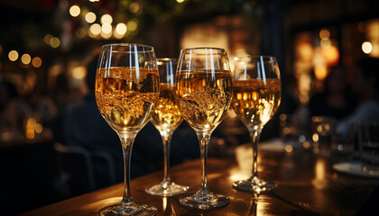 Luxury celebration, champagne glass, table, illuminated, elegant, romantic wedding generated by AI