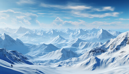 Winter landscape  majestic mountain range, snow covered peaks, tranquil scene generated by AI