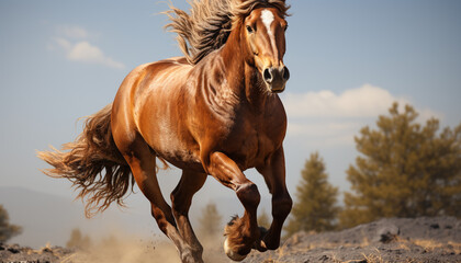 Obraz premium Running stallion in the meadow, showcasing beauty and freedom generated by AI