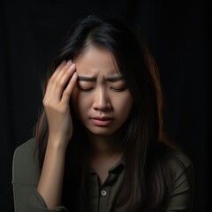 A Depressed frustrated young Asian woman suffering from headache, migraine, touching face, head with closed eyes, feeling stressed, sick, tired, thinking over bad news, problems, crisis.