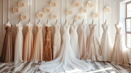 A collection of stunning wedding dresses showcases diverse styles and intricate designs in a well-lit bridal boutique  white rose wall on background.