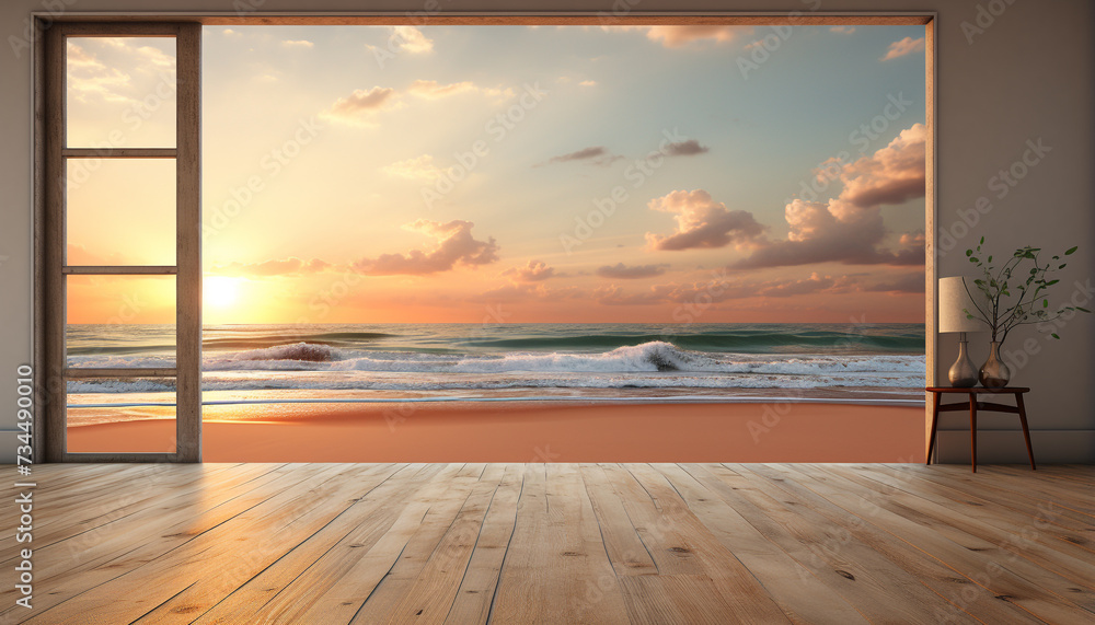 Poster sunset over the water, wood flooring, nature beauty indoors generated by ai